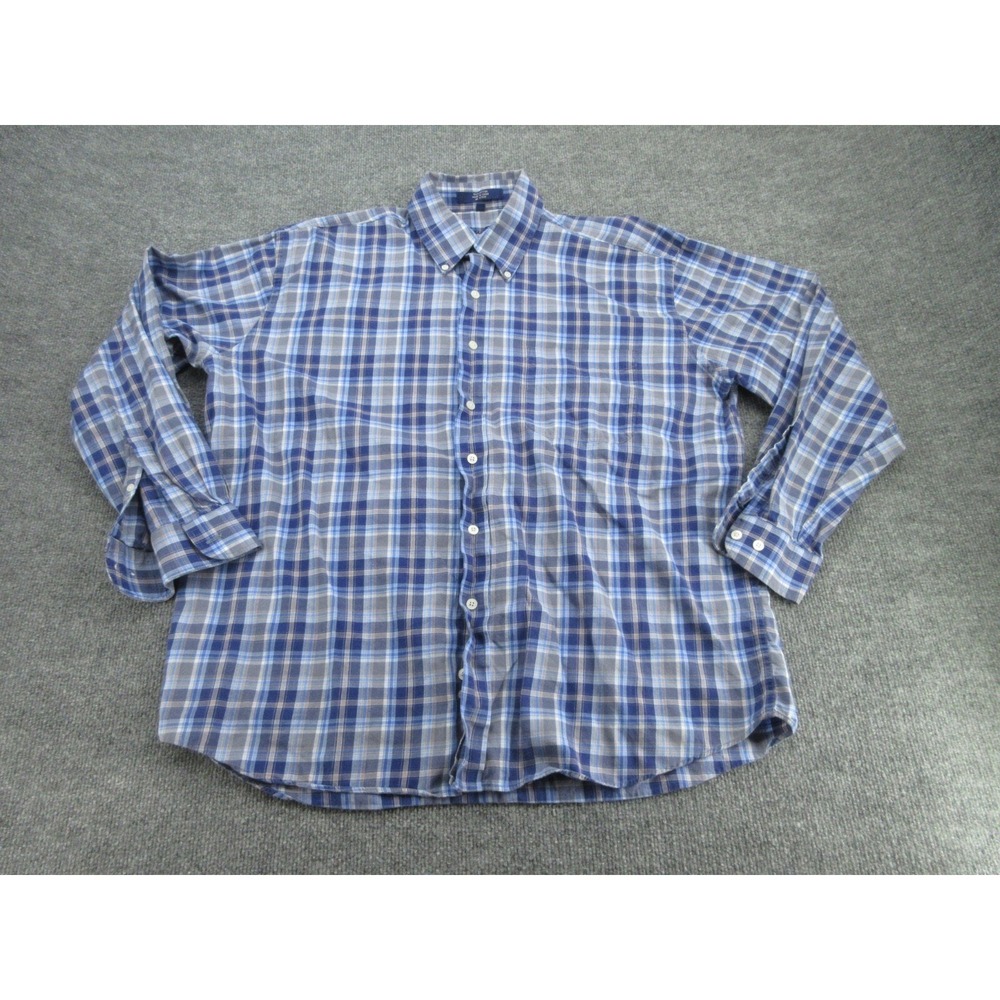 Alan Flusser Mens Button Down Shirt Regular Blue Grey Plaid Cotton XL